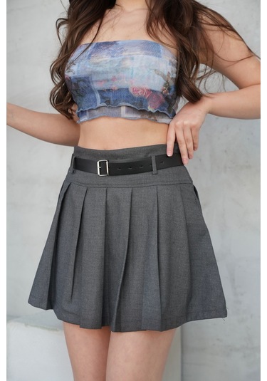 Kadın Pileli Gizli Fermuarlı Kemerli Şortlu Mini Etek Antrasit