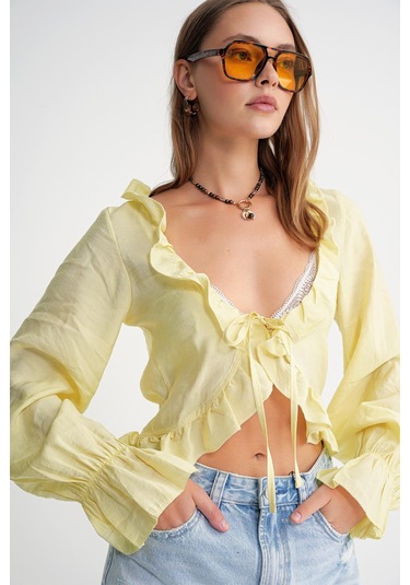 4712 Kadın Volanlı Modal Bolero Bluz Sarı Sari