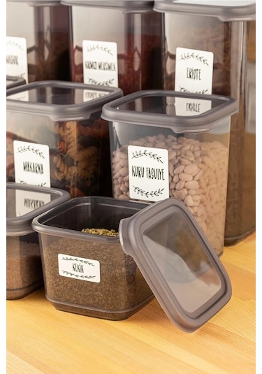 Meleni Home 32'li Etiketli Kapaklı Kare Erzak Saklama Kabı Seti 8x 0,3 Lt-0,5 Lt-1,1 Lt-1,7 Lt Baharatlık