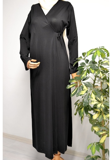 Kadın Yandan Bağlamalı Pamuklu Penye Namaz Elbisesi 38-48 Beden Siyah