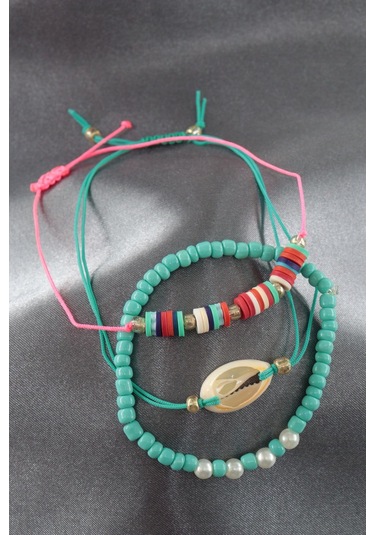 3lü Deniz Kabuğu İncili Boncuklu Asansörlü Lastikli İp Bileklik. Kadın İp Bileklik Halhal Çok Renkli