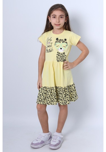 Kız Çocuk Elbise Fırfırlı Kedicik Baskılı C13 Sarı