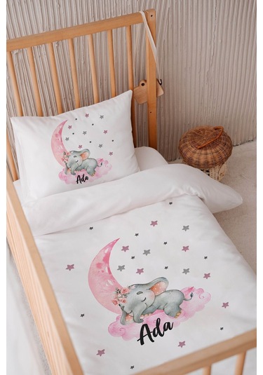 %100 Pamuk Saten Isme Özel Isimli 100x150 Bebek Yatak Nevresim Seti Fil 1
