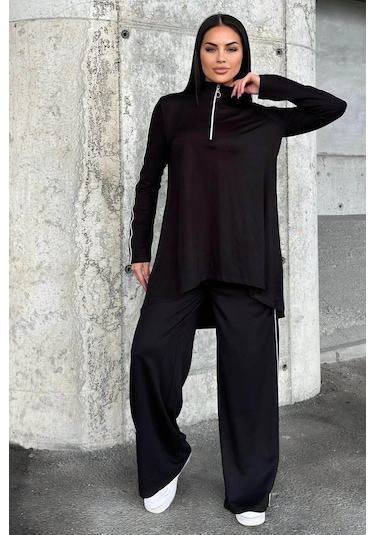 Siyah Asimetrik Kesim, Fermuarlı Bluz & Bol Paça Pantolon - Viskon İki İplik Kumaş Alt & Üst Takım Siyah