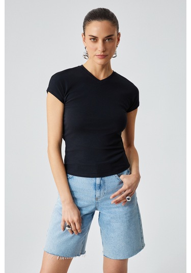 Grımelange Marta Kadın Yuvarlak Yaka Kısa Kol Slim Siyah T-shirt Siyah