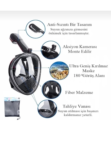 Shufa S/m Beden Siyah Dalış Maskesi Tam Yüz Full Face Şnorkel Ant