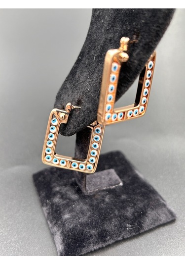 Çelik Suya Dayanaklı Kadın Kare 3cm Mavi Nazar Boncuklu Rose Gold Küpe Rose Gold