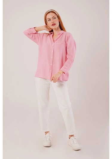 Cep Detay Çizgili Oversize Pembe Gömlek Pembe