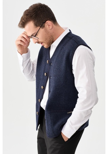 Erkek V Yaka Keçe Aksesuarlı Pike Dokuma Yün Yelek K.lacivert K.lacivert