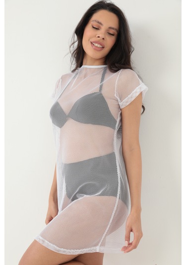 By Papi Kısa Kollu File Elbise Beyaz