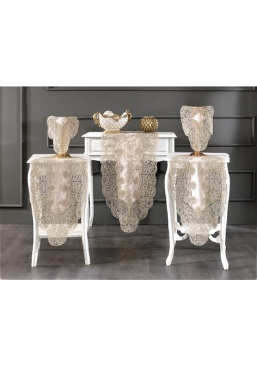 Fransız Güpürlü Kadife Sırma Salon Takımı 5 Parça Cappucino Cappucino