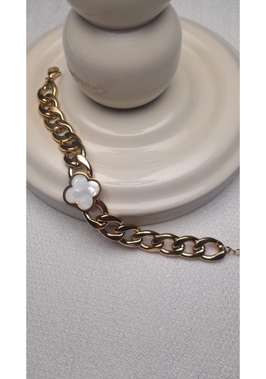 Uzel Çelik Gold Altın Renk Beyaz Sedef Yoncalı Kalın Halka Detaylı Çelik Bileklik Gold