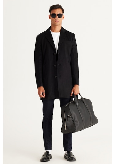 Ac&Co / Altınyıldız Classics Erkek Sıyah Standart Fit Normal Kesim Mono Yaka Yünlü Palto Siyah