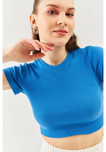 Kadın Kısa Kol Bisiklet Yaka Vücuda Oturan %100 Pamuklu Kaşkorse Esnek Crop Bluz Parlament