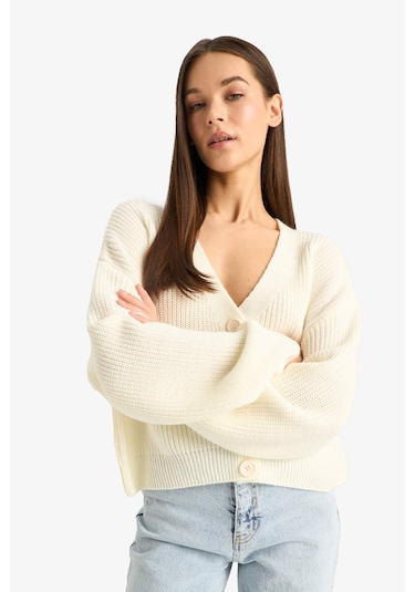 Defacto Regular Fit V Yaka Düğmeli Triko Hırka U2052az25wner98 Ekru