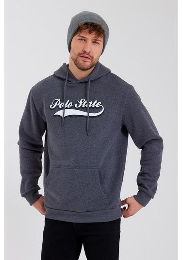 Erkek Baskılı Kapüşonlu 3 İplik Sweatshirt Antrasit