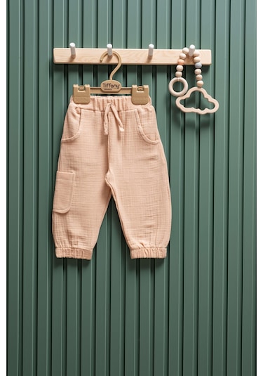 Unisex Müslin Kargo Cepli Pantolon 6 Ay 3 Yaş %100 Pamuk Bej