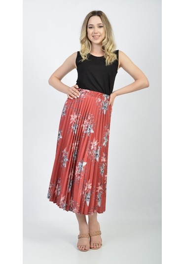 Soralline Bayan Plisoley Etek 781 Kırmızı Saten Empirme Kırmızı