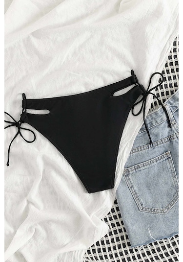 Angelsin Özel Tasarım Yandan Bağlamalı Bikini Altı Siyah