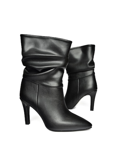 Fox Shoes R404020309 Siyah İnce Topuklu Büzgülü Kadın Bot Siyah