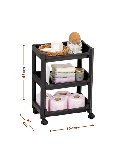 Flosoft 3 Katlı Tekerlekli Düzenleyici Raf, Mutfak Banyo Temizlik Katlı Organizer 22x36x48cm Siyah Siyah