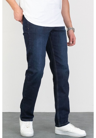 Regular Fit Boru Paça Likralı Erkek Jeans Kot Pantolon - Koyu Mavi