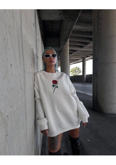 Oversize Üç İplik Bisiklet Yaka Baskılı Sweatshirt - Beyaz Beyaz