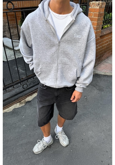 Flaw Nakışlı Zip Hoodie Gri Melanj Gri Melanj