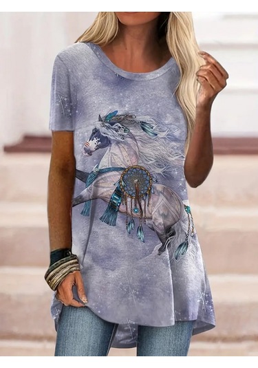 Kadın Kısa Kollu Bisiklet Yaka Salaş Süprem Bluz Desenli