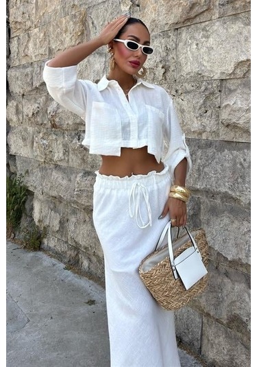 Crop Gömlekli Ve Eteği Büzgülü Tasarım Takım 10201 Beyaz