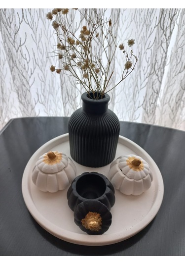 Tabakta 3'lü Mini Balkabağı Vazo Dekoratif Beyaz Siyah Set 03