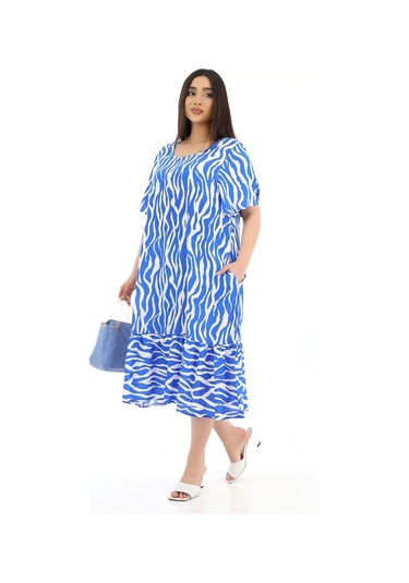 Schık Kadın Viskon Yarım Kol O Yaka Cepli Fırfırlı Elbise Saks Saks