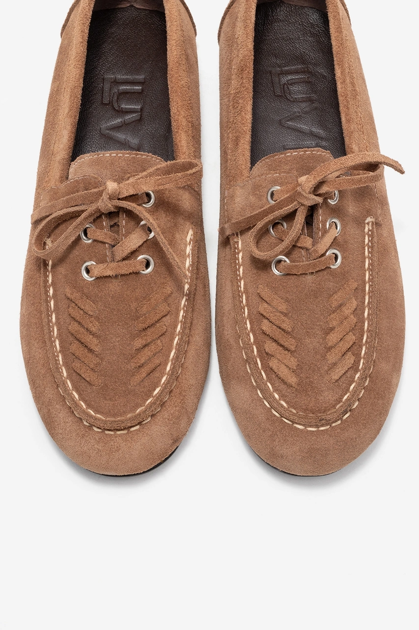 Lorven Toprak Süet Hakiki Deri Bağcıklı Kadın Loafer Ayakkabı Toprak