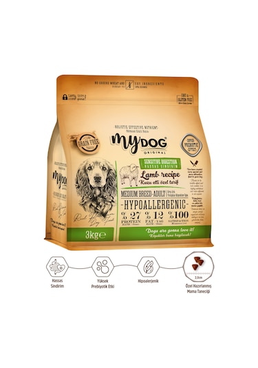 MyDog Original Az Tahıllı Kuzu Etli Orta Irklar İçin Köpek Maması 3kg