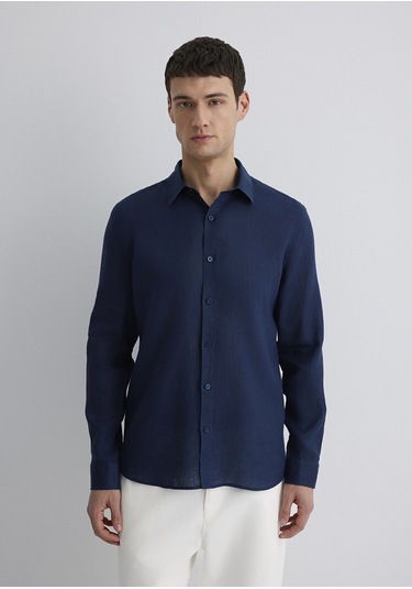Mavi - Lacivert Keten Gömlek 0211466-70497 Lacivert