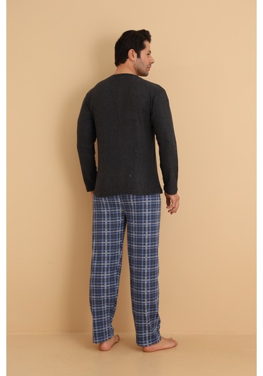 Flkn 7015 İnterlok Kışlık Ekose Pijamalı Erkek Pijama Takımı Antrasit