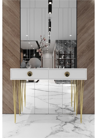 Tocco 1038 Naz 2 Çekmeceli Dekoratif Lüx Dresuar-beyaz Gold Altın - Beyaz