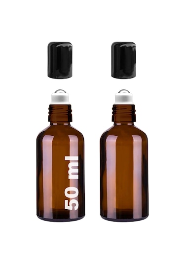 Çelik Roll On Şişesi 50 ML Sızdırmaz Siyah Kapaklı Amber Cam Şişe 2 Adet