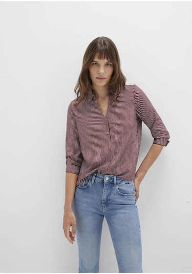Mavi Düğme Detaylı Çizgili Bordo Kadın Bluz M122400-88614 Bordo