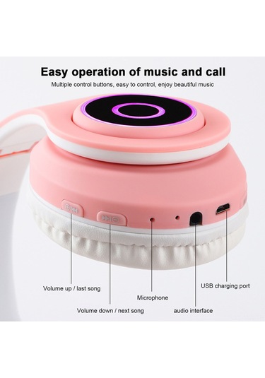 Moveevo Mor Işıklı Kedi Kulaklı Bluetooth 5.0 Kulaklık - Mikrofonlu, Aux/tf Kart Desteği, Kablosuz Müzik Ve Konuşma