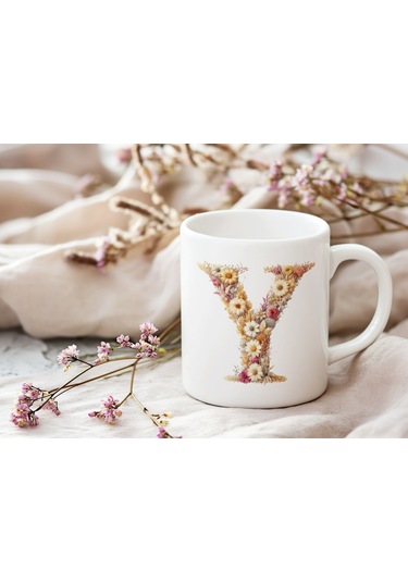 Y Harfi Çiçek Desenli Kupa Bardak - Alfabe Harfleri İle Doğal Çiçekli Kupa - Hediye Fikir Beyaz
