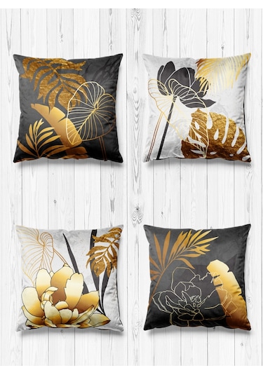 Çift Tarafı Farklı Desenli Süet 4'lü Kırlent Kılıfı-Altın Yapraklı Siyah Mermer