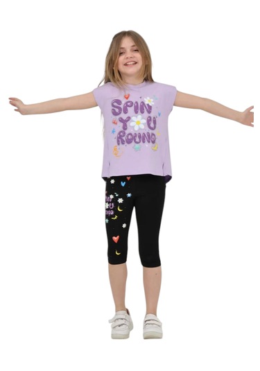 Kız Çocuk Spin You Yazılı Kapri Taytlı Tişörtlü Takım