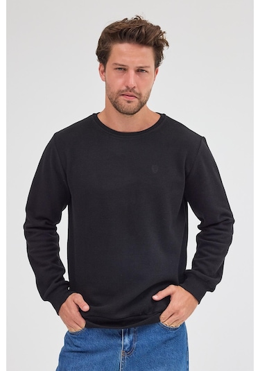 Comeor Erkek Siyah Standart Fit Normal Kesim Pamuklu Basic Bisiklet Yaka Sweatshirt Siyah