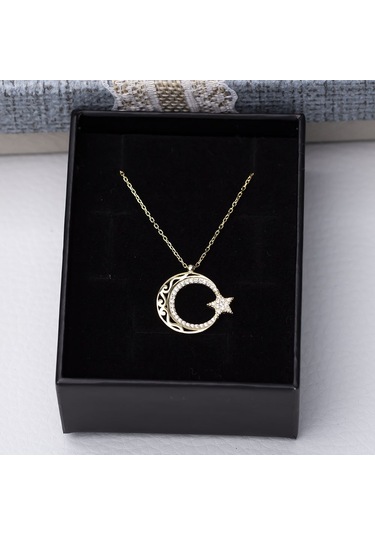 Ayyıldız Zirkon Taşlı Otantik Desenli Gold Rengi 925 Ayar Gümüş Kadın Kolye Gold