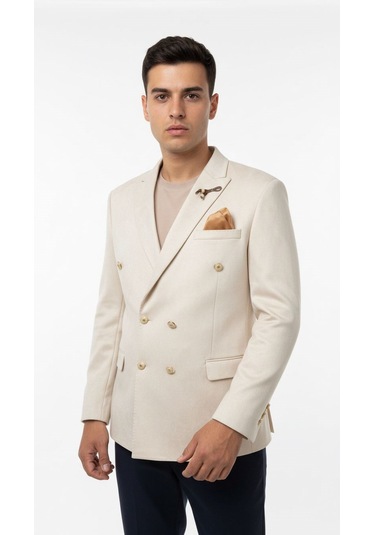 Erkek Suet Blazer Ceket Şık Düğmeli Takım Elbise Üstü Slim Fit Model Krem