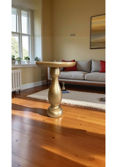 Altın Varak Detaylı Mantar Sehpa Doğal Ahşap Tekli Yan Sehpa