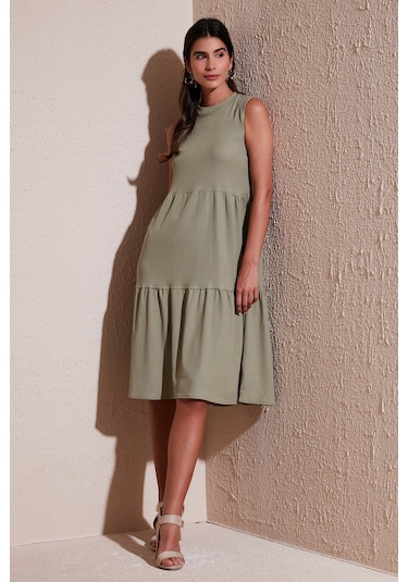 Lela Regular Fit Kolsuz Midi Bayan Elbise 5869008 Olive