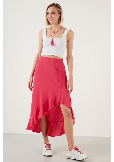 Lela Volanlı Midi Boy Yırtmaçlı Bayan Etek 6058387 Fuşya