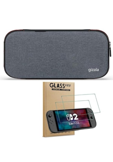 Gizala Switch 2 Slim Taşıma Çantası + Switch 2 Temperli Cam Ekran Koruyucu 2li Bundle Paket